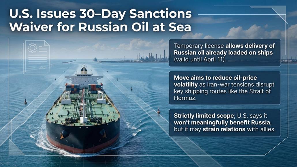 U.S. Issues 30-day Sanctions Waiver for Russian Oil at Sea