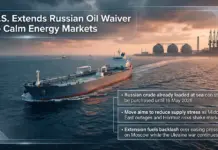 U.S. Extends Russian Oil Waiver Amid Global Energy Crisis News graphic about US extending the Russian oil waiver to calm energy markets, showing an oil tanker near offshore facilities with three bullet summaries of policy points.