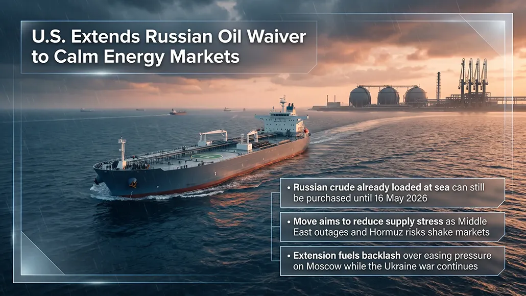 News graphic about US extending the Russian oil waiver to calm energy markets, showing an oil tanker near offshore facilities with three bullet summaries of policy points.