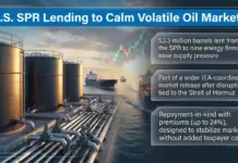 U.S. DOE Confirms Loan of 53.3 Million Barrels to Oil Firms Infographic showing U.S. SPR lending to calm volatile oil markets; oil tanks and pipelines with three key bullet points on barrels lent, IEA release, and repayment-in-kind premiums.