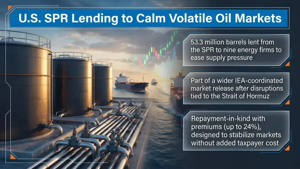 Infographic showing U.S. SPR lending to calm volatile oil markets; oil tanks and pipelines with three key bullet points on barrels lent, IEA release, and repayment-in-kind premiums.
