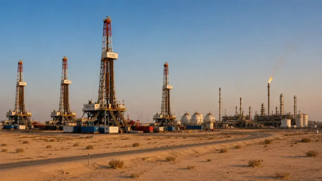 Oil drilling site in a desert with multiple derricks, tanks, and equipment under a clear sky at sunset.