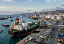 Iraq Taps Baniyas Port for Fuel Oil Exports to Boost Supply Large cargo ship docked at an industrial port with pipelines, cranes, and storage tanks along the waterfront.
