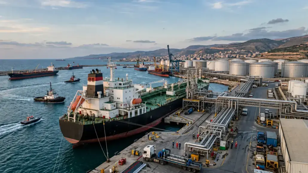 Large cargo ship docked at an industrial port with pipelines, cranes, and storage tanks along the waterfront.