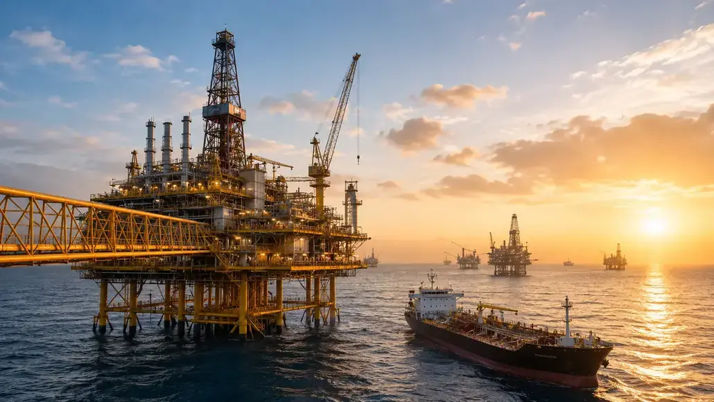 Offshore oil rig at sunset with cranes and a support vessel nearby in calm sea.