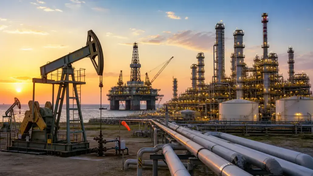 Offshore oil platform complex at sunset with a pumpjack in the foreground and extensive piping nearby.