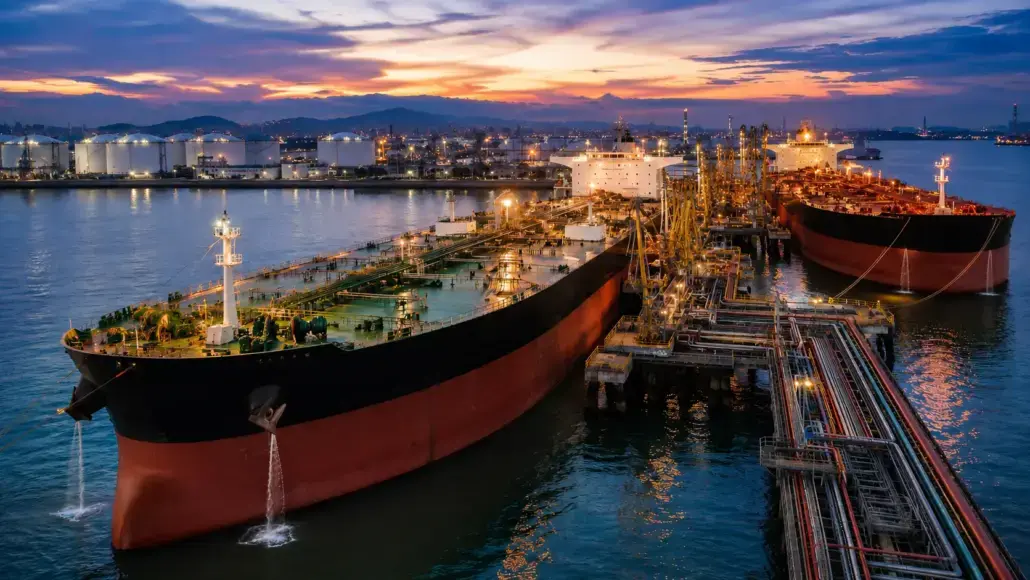 Oil tankers docked at a loading terminal at sunset, with pipelines and refinery structures in the background on calm water.