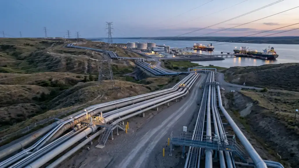 Industrial oil refinery with large pipelines and storage tanks by the water, ships docked at a port at dusk