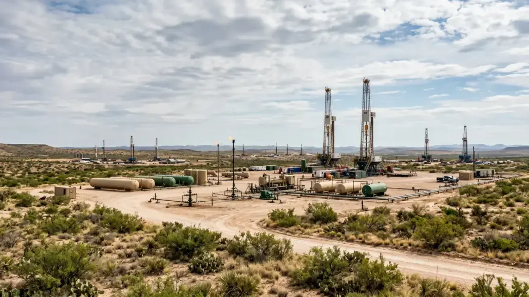 Oil drilling site in a desert with two tall rig towers, tanks, and interconnected pipelines in the foreground.
