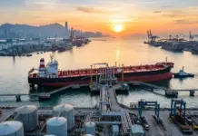 Japan, S Korea Deepen Energy and Supply Chain Cooperation Sunset over a busy harbor with a large red tanker docked at the pier, cranes and storage tanks in the foreground.