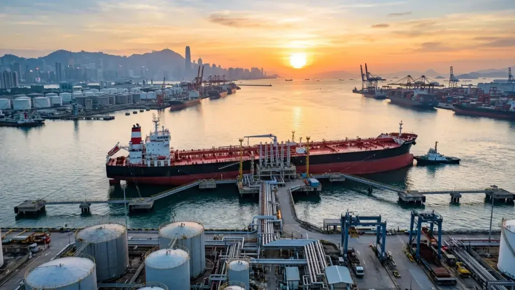 Sunset over a busy harbor with a large red tanker docked at the pier, cranes and storage tanks in the foreground.