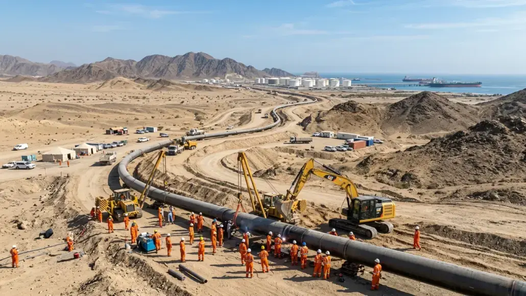 Construction crew in orange safety gear installing a large pipeline in a desert, with excavators, tents, and trucks nearby and a coastal port in the distance.