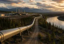 G7 Leaders Endorse Canada’s Global Energy Supply Potential Pipeline stretches through a pine forest toward a distant refinery, with a river on the right and snow-capped mountains at sunset.