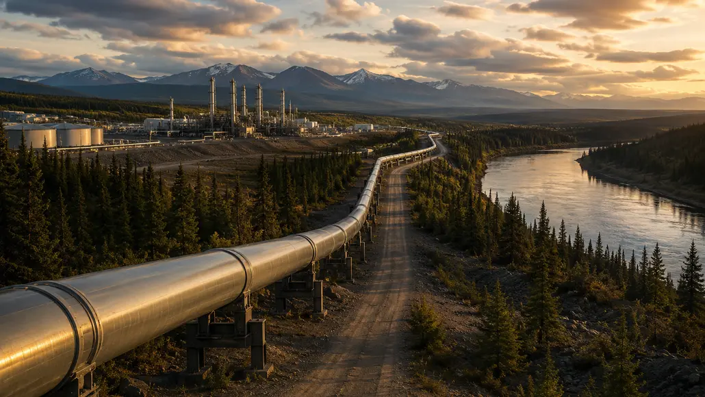 Pipeline stretches through a pine forest toward a distant refinery, with a river on the right and snow-capped mountains at sunset.