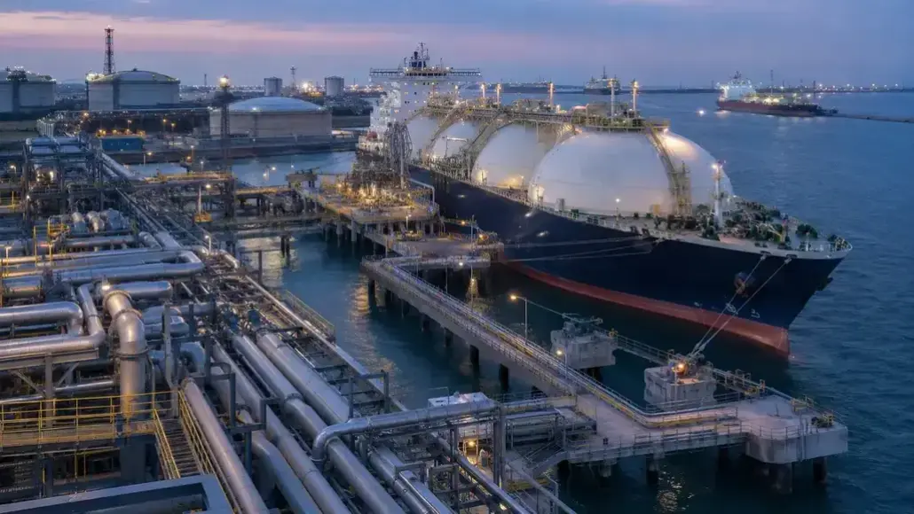 LNG carrier docked at an offshore processing facility with large spherical storage tanks and complex piping at twilight.