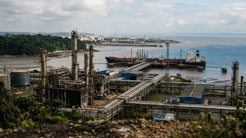 Coastal oil refinery with interconnected pipelines, storage tanks, and tall processing towers near a docked cargo ship by the water