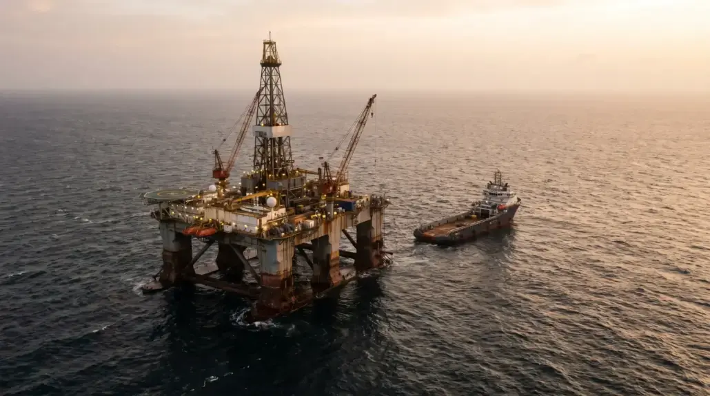 Offshore oil rig with cranes and a tugboat nearby at sea during sunset