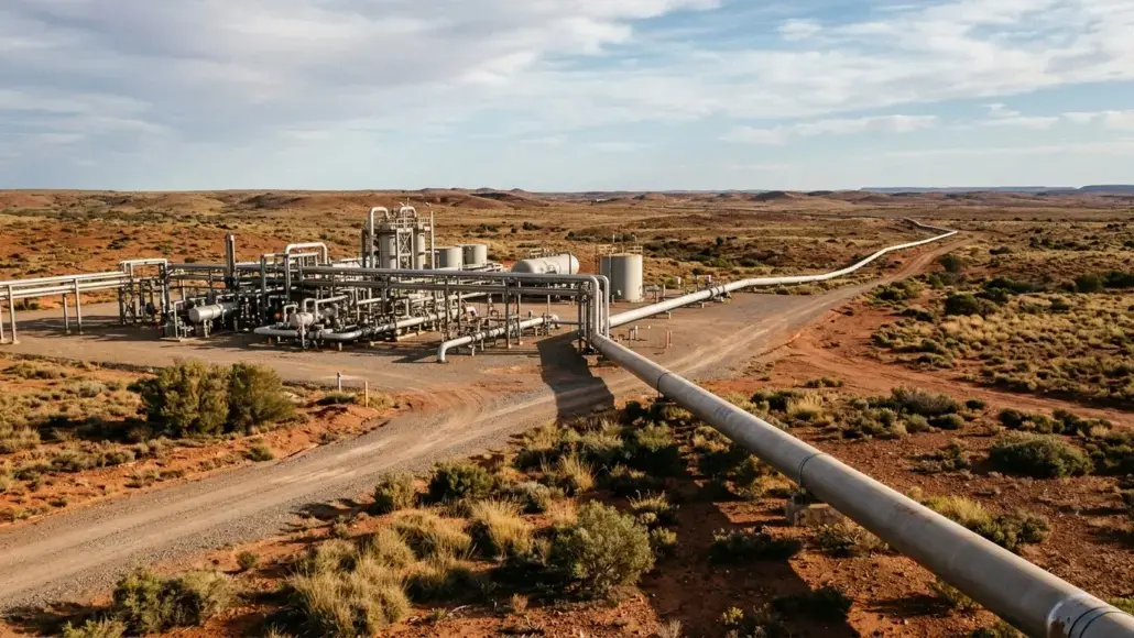 Industrial oil/gas processing facility with pipelines in a desert landscape and a long road stretching to the horizon.