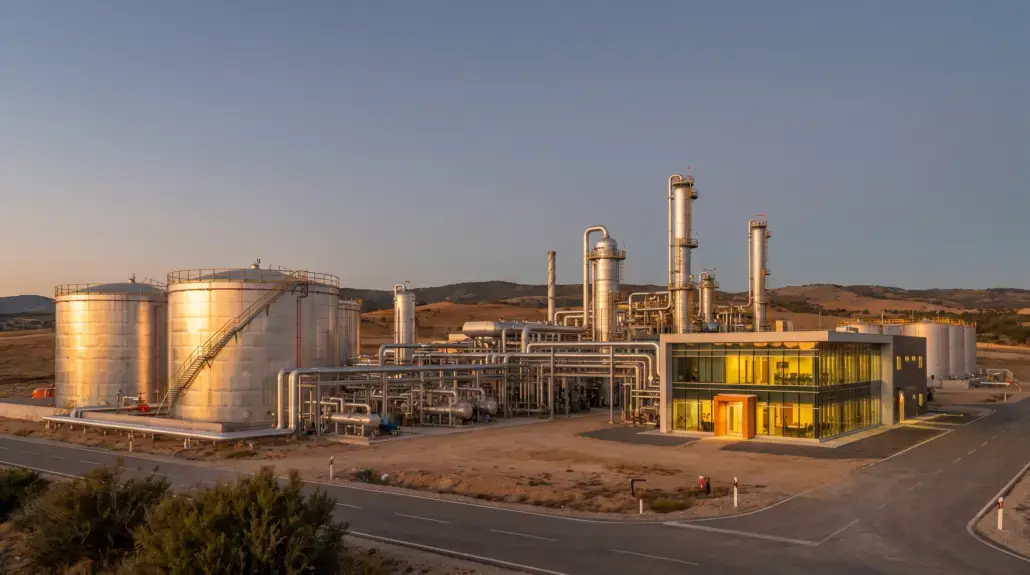 Industrial processing plant with large storage tanks and complex piping at sunset.