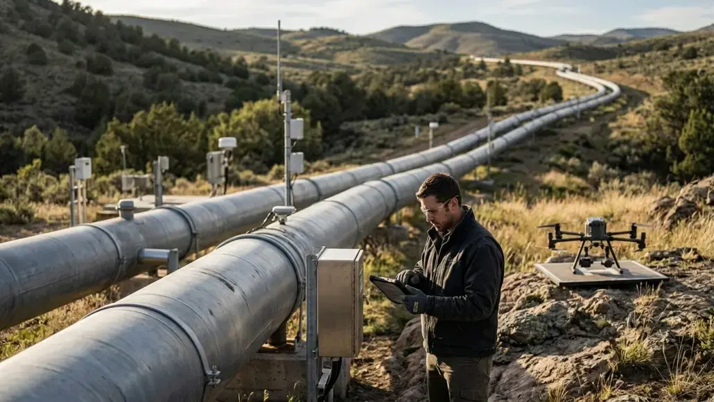 Technician inspecting a long pipeline with a tablet in a rural landscape; a drone sits on the ground nearby.