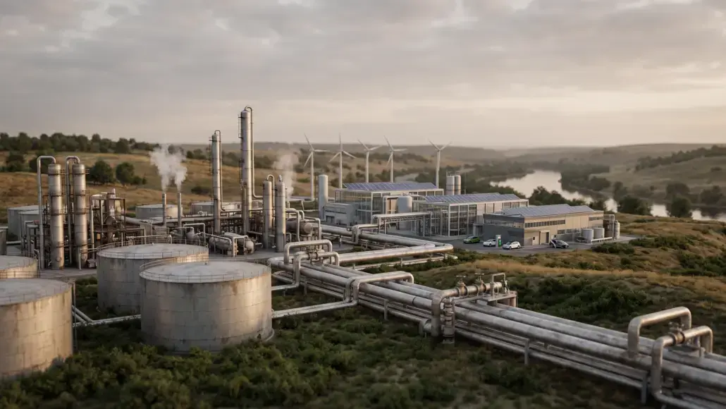 Industrial facility with large storage tanks, interconnected pipelines, and smokestacks in a rural landscape; wind turbines visible in the distance.