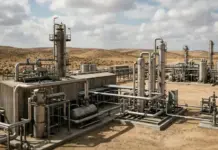 Algeria, Norway Advance Hydrocarbon Decarbonization Efforts Industrial oil-refining facility with tall distillation columns, interconnected pipes, and desert terrain in the background.