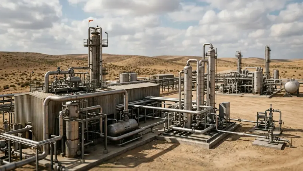 Industrial oil-refining facility with tall distillation columns, interconnected pipes, and desert terrain in the background.