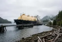 Canada Boosts Global Energy Exports with New LNG Supply Deal Large LNG carrier moored at a pier in a misty inlet, with forested hills and driftwood along the rocky shore.