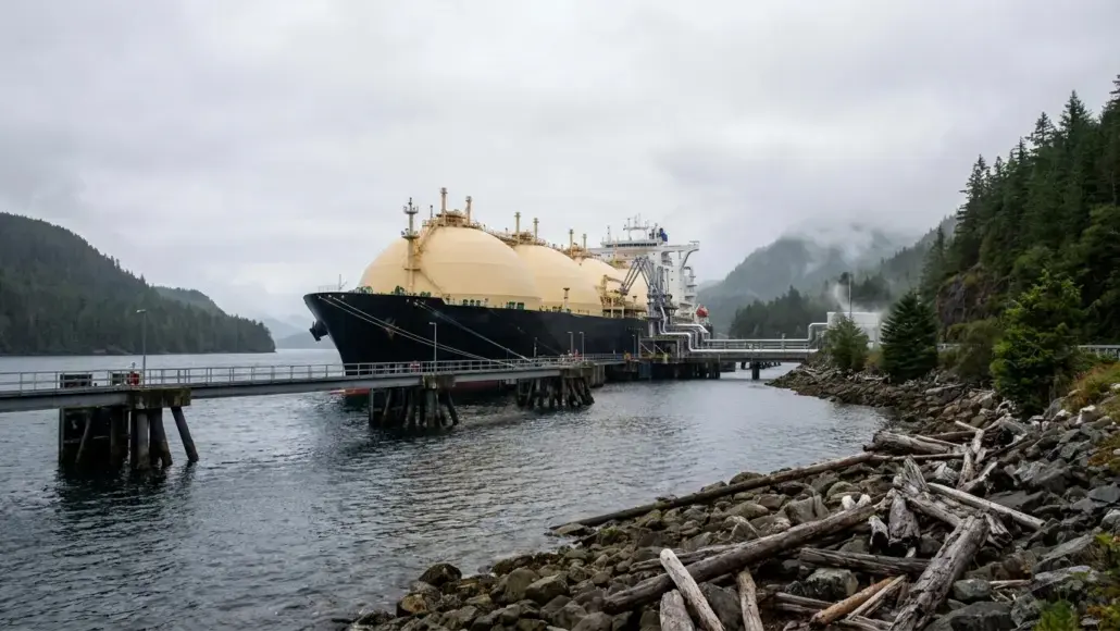 Large LNG carrier moored at a pier in a misty inlet, with forested hills and driftwood along the rocky shore.