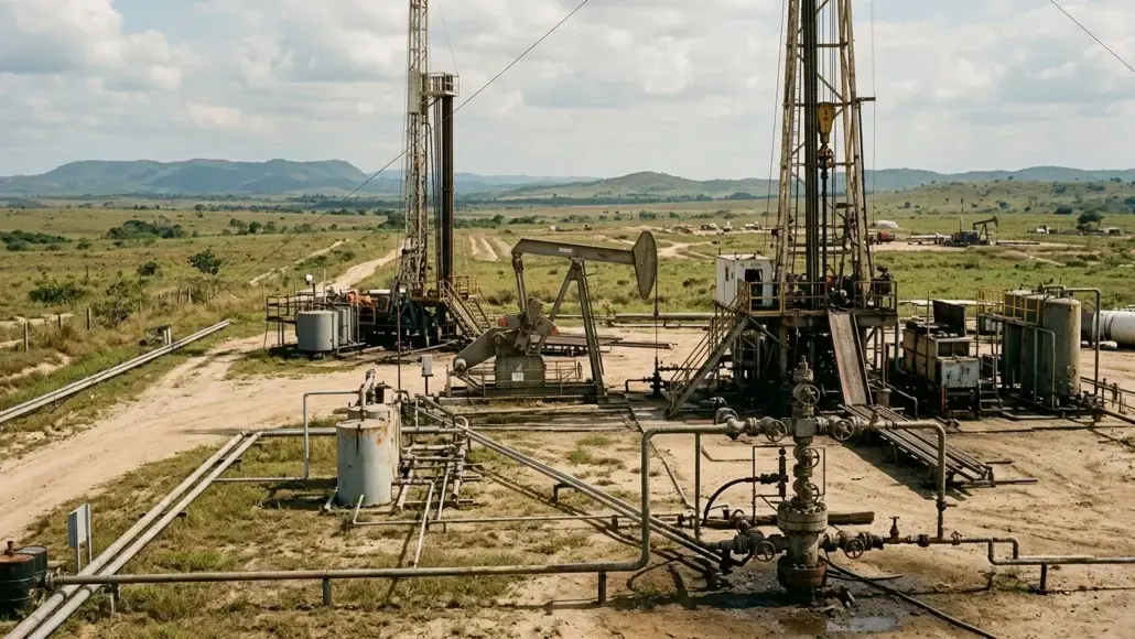 Oil drilling site with derricks, pumps, and pipelines in a flat rural field.