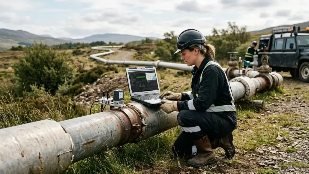 Technician in a hard hat and reflective gear crouches beside a large pipeline, using a laptop to monitor data outdoors.