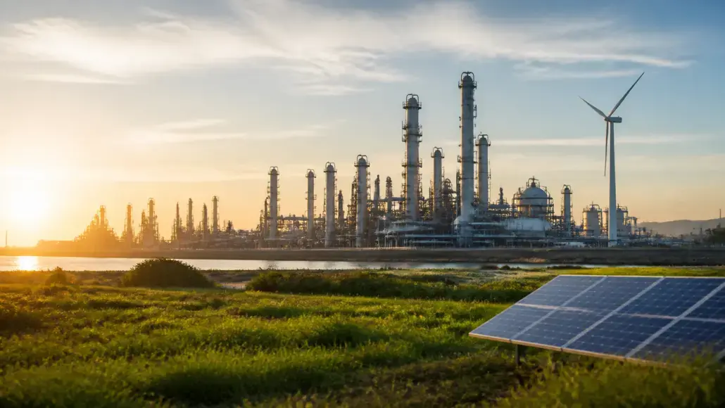 Sunset scene with a solar panel in the foreground and an oil refinery with a wind turbine in the distance, highlighting energy infrastructure and green energy mix.