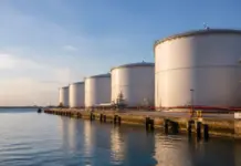Japan Strengthens Energy Supply Structure With New Plan Row of large white storage tanks along a calm waterfront, reflecting in the water at a industrial dock.