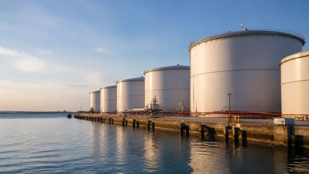 Row of large white storage tanks along a calm waterfront, reflecting in the water at a industrial dock.