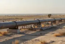 Iraq, Türkiye Finalize One-Year Pipeline Deal for Crude Oil Long steel pipeline with valves running across a sandy desert landscape toward the horizon.