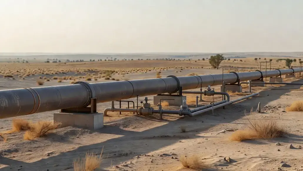 Long steel pipeline with valves running across a sandy desert landscape toward the horizon.
