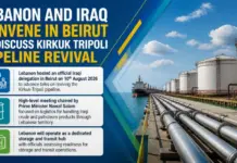 Kirkuk Tripoli Pipeline Revival Talks Begin in Beirut Banner announcing Lebanon and Iraq convene in Beirut to discuss Kirkuk-Tripoli pipeline revival; left info cards, right oil tanks and pipelines.