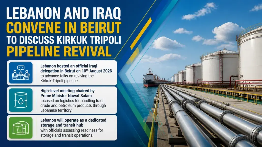 Banner announcing Lebanon and Iraq convene in Beirut to discuss Kirkuk-Tripoli pipeline revival; left info cards, right oil tanks and pipelines.