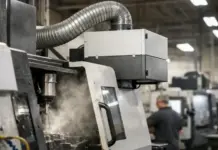 Oil Mist Collectors: The Backbone of Clean, Efficient Industrial Operations CNC milling machine in a factory, with metal shavings spraying from the cutting area and a worker in the background.