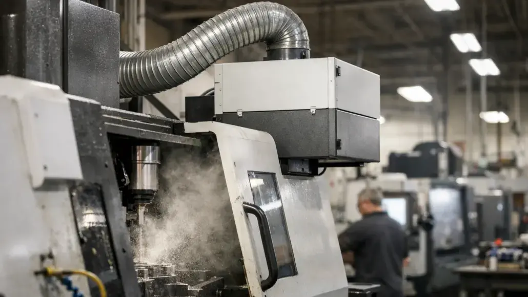 CNC milling machine in a factory, with metal shavings spraying from the cutting area and a worker in the background.