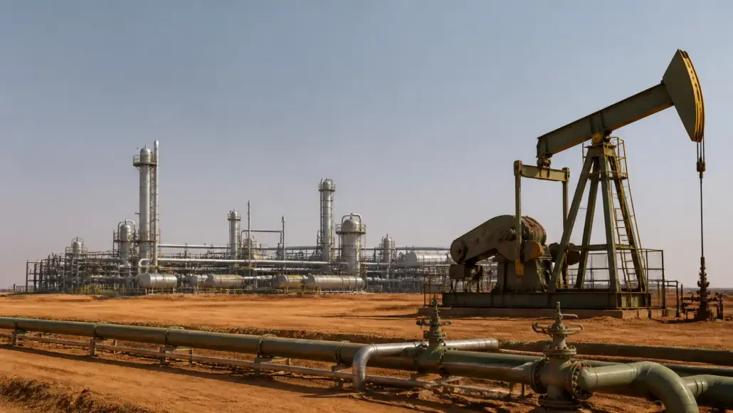 Oil field with a large pump jack and distant refinery structures on a desert landscape