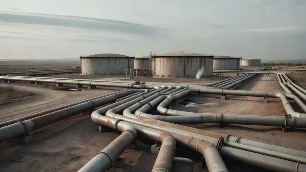 Desert oil facility with large cylindrical storage tanks and a dense network of metal pipelines.