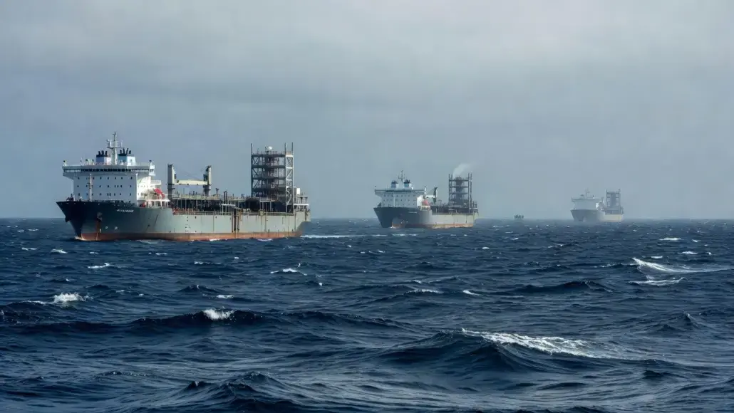 Three large offshore support vessels sailing in rough open sea beneath a cloudy sky.
