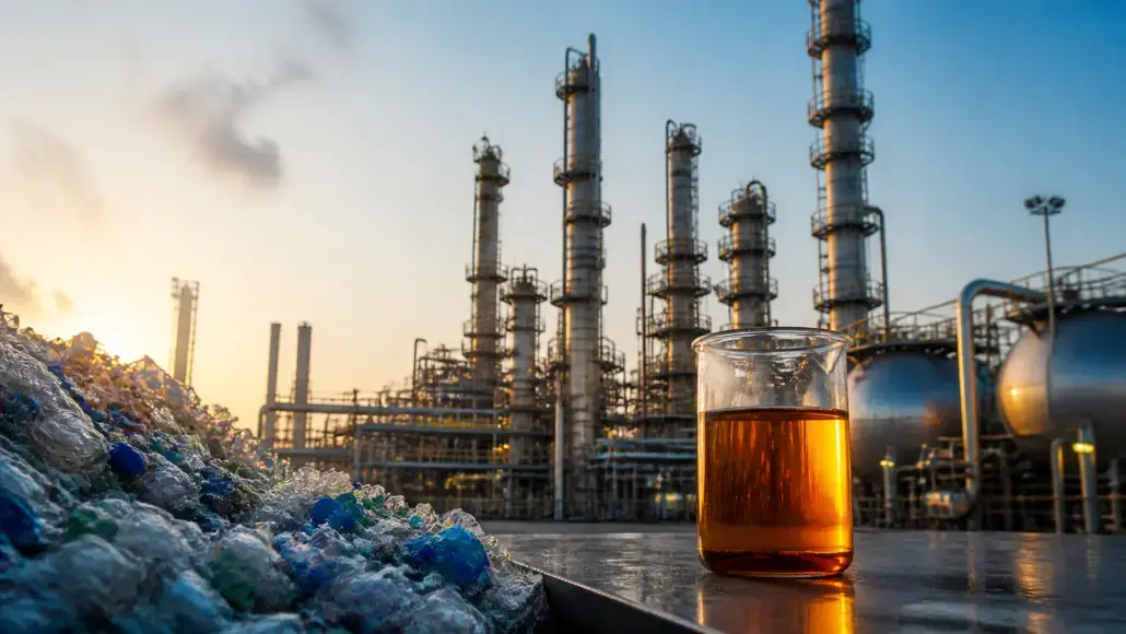 Amber liquid in a glass beaker sits on a surface in front of an industrial refinery, with a pile of plastic waste nearby.