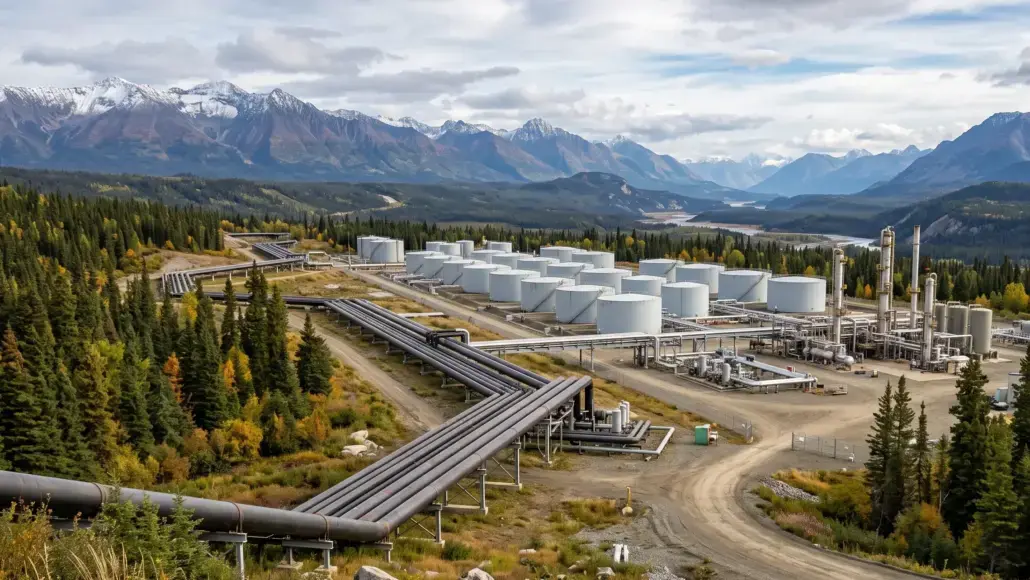 Large industrial facility with numerous white storage tanks and interconnected pipelines in a forested mountain valley.