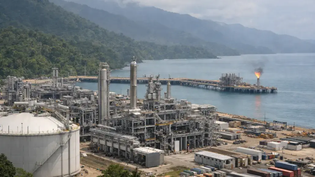 Coastal refinery complex with tall processing towers by the sea and a flaming flare on a pier, mountains in the background.