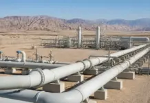 Oman Sets Three Gas Pipeline Projects for Completion by 2027 Desert oil/gas pipeline facility with large white pipes, valves, and towers against a rocky mountain backdrop.