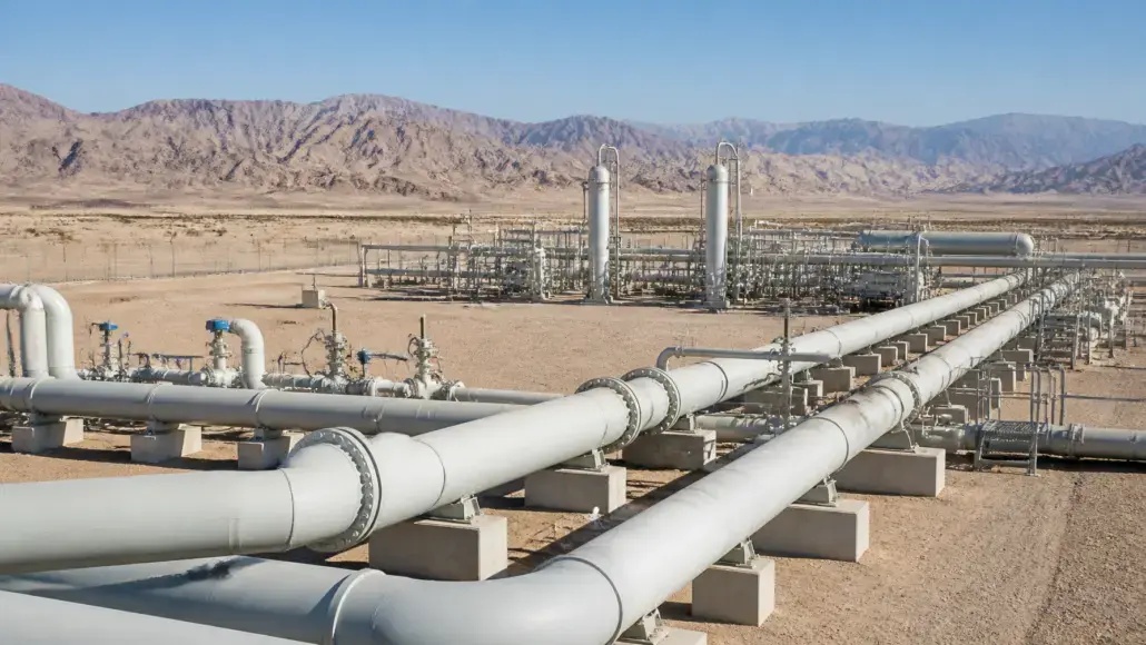 Desert oil/gas pipeline facility with large white pipes, valves, and towers against a rocky mountain backdrop.